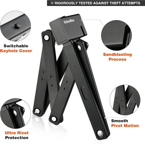 قفل دراجة قابل للطي من فاليو ماكس، قفل آمن عالي التحمل مضاد للسرقة، مع مفتاحين من الفولاذ المقاوم للصدأ ودعامة تثبيت للدراجات/الدراجات النارية/الدراجات البخارية/الأبواب القابلة للطي، لون أسود in Kuwait