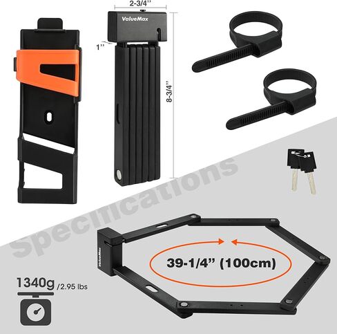 قفل دراجة قابل للطي من فاليو ماكس، قفل آمن عالي التحمل مضاد للسرقة، مع مفتاحين من الفولاذ المقاوم للصدأ ودعامة تثبيت للدراجات/الدراجات النارية/الدراجات البخارية/الأبواب القابلة للطي، لون أسود in Kuwait