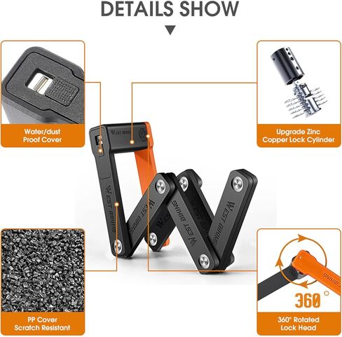 قفل دراجة مدمج قابل للطي، قفل سلسلة دراجات مضاد للسرقة، مع 3 مفاتيح ودعامة تثبيت، قفل دراجة كهربائية أمان فولاذي خاص، 24.8 بوصة، للدراجات البخارية، والأبواب القابلة للطي in Kuwait