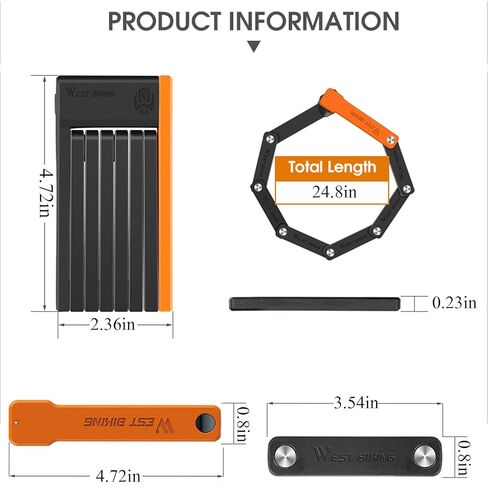 قفل دراجة مدمج قابل للطي، قفل سلسلة دراجات مضاد للسرقة، مع 3 مفاتيح ودعامة تثبيت، قفل دراجة كهربائية أمان فولاذي خاص، 24.8 بوصة، للدراجات البخارية، والأبواب القابلة للطي in Kuwait