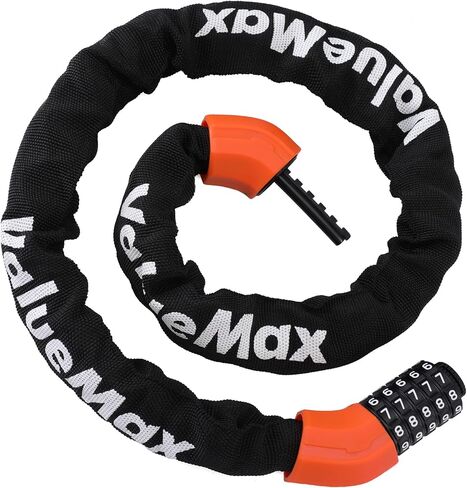 قفل سلسلة الدراجة ValueMax 3.2FT، رمز مجموعة قابل لإعادة الضبط مكون من 5 أرقام، قفل سلسلة دراجة عالي التحمل مضاد للسرقة، للدراجات / الدراجات النارية / الدراجات البخارية / الأبواب القابلة للطي، أسود + برتقالي اللون in Kuwait