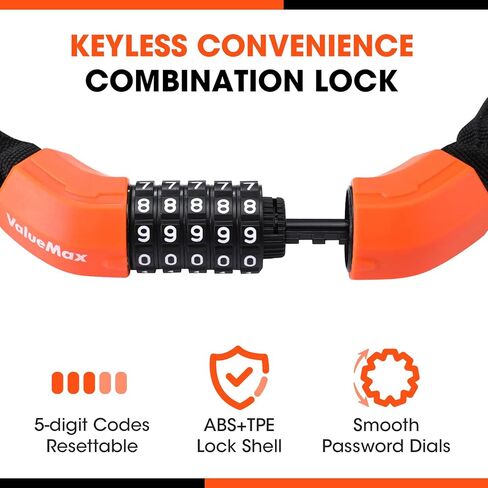قفل سلسلة الدراجة ValueMax 3.2FT، رمز مجموعة قابل لإعادة الضبط مكون من 5 أرقام، قفل سلسلة دراجة عالي التحمل مضاد للسرقة، للدراجات / الدراجات النارية / الدراجات البخارية / الأبواب القابلة للطي، أسود + برتقالي اللون in Kuwait