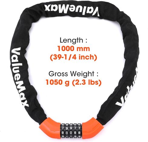 قفل سلسلة الدراجة ValueMax 3.2FT، رمز مجموعة قابل لإعادة الضبط مكون من 5 أرقام، قفل سلسلة دراجة عالي التحمل مضاد للسرقة، للدراجات / الدراجات النارية / الدراجات البخارية / الأبواب القابلة للطي، أسود + برتقالي اللون in Kuwait