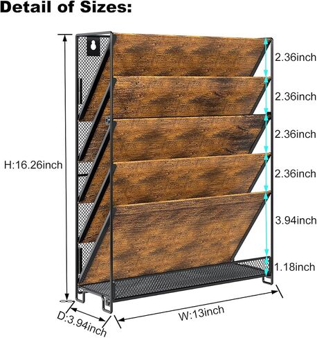 منظم ملفات حائط PAG للمكتب، حامل ملفات معلق ريفي من 5 طبقات رف تخزين جداري للمستندات/المجلة/الأدب/مجلدات الملفات/البريد/الأظرف، بني in Saudi Arabia