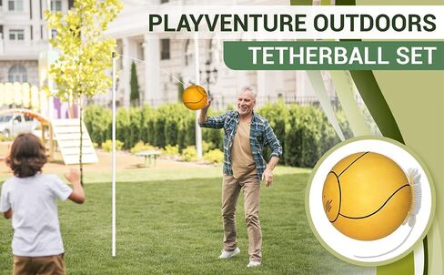 PlayVenture Outdoors Tetherball Rope Set with Pole for Adults, Kids, Dog - Heavy Duty Steel Pole, Natural Rubber Ball, Adjustable Rope, Air Pump. Portable Fun for Outdoors, Backyard in Kuwait