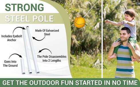 PlayVenture Outdoors Tetherball Rope Set with Pole for Adults, Kids, Dog - Heavy Duty Steel Pole, Natural Rubber Ball, Adjustable Rope, Air Pump. Portable Fun for Outdoors, Backyard in Kuwait