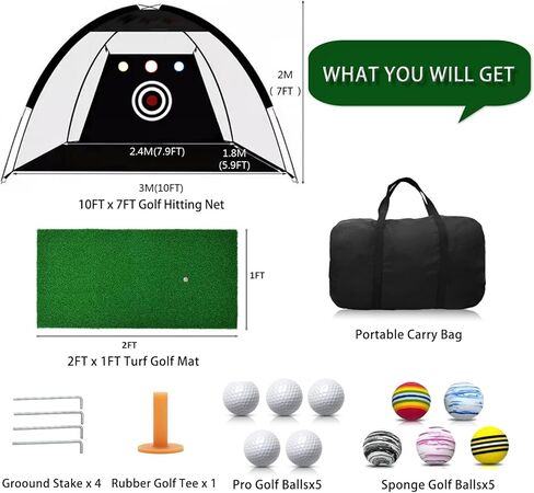 شبكة تدريب الجولف، شبكات ضرب الجولف مقاس 10 × 7 أقدام للقيادة في الفناء الخلفي، أرجوحة تقطيع الجولف مع الأهداف / 1 بساط جولف / 10 كرات جولف / 1 تي شيرت / حقيبة جولف - ملحقات الجولف للرجال في الأماكن المغلقة والخارجية لعبة رياضية in Kuwait