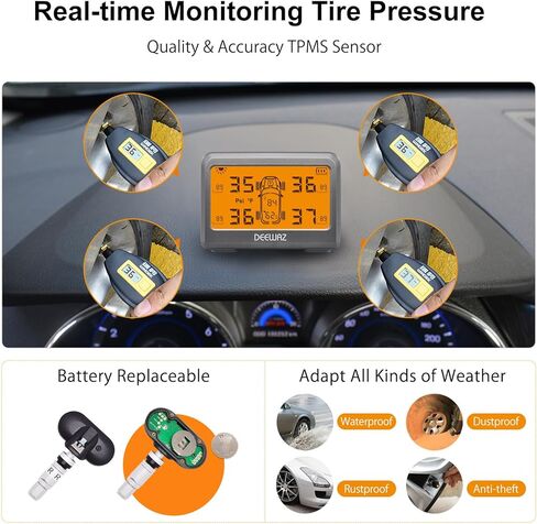 نظام مراقبة ضغط الإطارات، DEEWAZ MY77T Solar TPMS، نظام مراقبة ضغط الإطارات مع 4 أجهزة استشعار TPMS داخلية، 0-116 رطل لكل بوصة مربعة لسيارة SUV MPV بيك اب سيدان على الطرق الوعرة in Kuwait