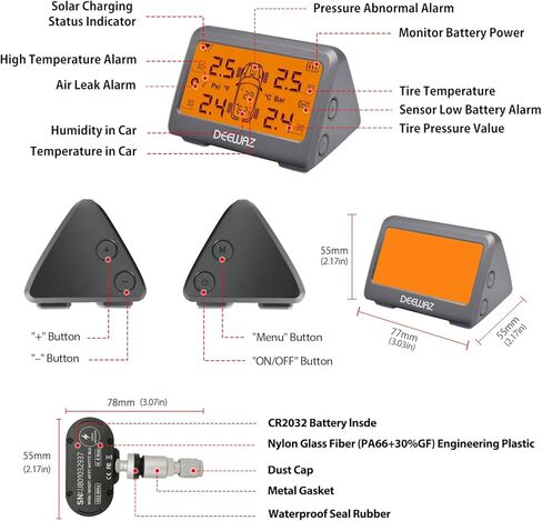 نظام مراقبة ضغط الإطارات، DEEWAZ MY77T Solar TPMS، نظام مراقبة ضغط الإطارات مع 4 أجهزة استشعار TPMS داخلية، 0-116 رطل لكل بوصة مربعة لسيارة SUV MPV بيك اب سيدان على الطرق الوعرة in Kuwait
