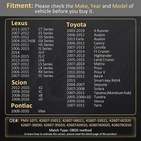 مستشعر Marsflex TPMS 42607-33021 مناسب لسيارة Toyota Lexus Rav4 Camry 4Runner Tacoma Corolla، استبدال أجهزة استشعار مراقبة ضغط الإطارات PMV-107J 42607-33011 315 ميجا هرتز 4 قطع in Saudi Arabia
