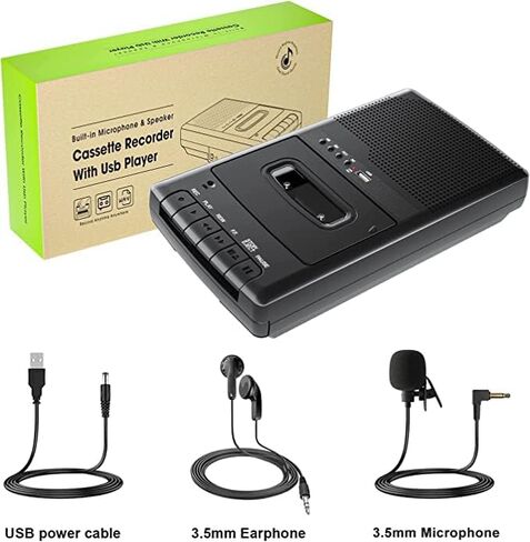 مسجل شريط مشغل كاسيت، مشغل كاسيت USB محمول مع ميكروفون مستقل، محول رقمي كاسيت إلى محرك فلاش USB، تسجيل USB على الشريط، مكبر صوت مدمج، مقبض تلسكوبي، سماعة أذن 3.5 مم in Kuwait