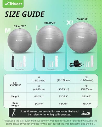 Trideer Exercise Ball Stability Ball - Non-Slip Bumps & Lines Yoga Ball, Anti-Burst Swiss Ball for Fitness, Balance, Gym and Physical Therapy, Home Workout Equipment or Office Ball Chair in Kuwait