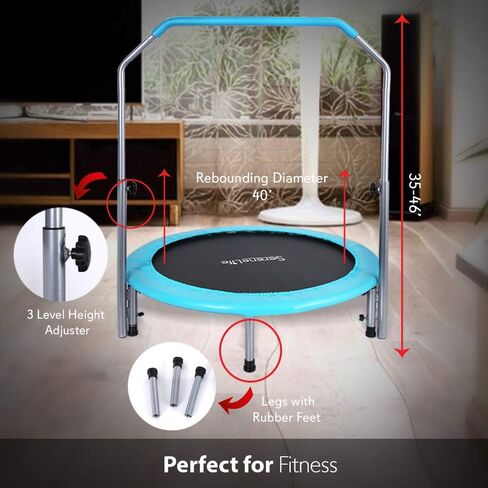 SereneLife Portable & Foldable Trampoline - 40" in-Home Mini Rebounder with Adjustable Handrail, Fitness Body Exercise, Springfree Safe for Kids - SLELT403 in Saudi Arabia