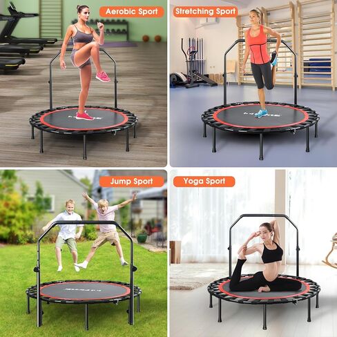 FirstE 48 بوصة بنجي ريبوندر ترامبولين للبالغين، ترامبولين للياقة البدنية بوزن 440 رطل، ترامبولين صغير قابل للطي، 3 مستويات مقبض إسفنجي قابل للتعديل، ترامبولين ثابت وصامت للتمرين للبالغين في الأماكن المغلقة in Kuwait