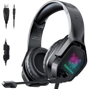 Gaming Headset with Microphone, Noise Canceling Headphones with 3D Surround Sound Stereo, Soft Earmuff & RGB LED Light, Over-Ear Game Headphones for PC, PS4, Xbox One, PS5, Mac, Laptop-Black