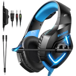 Gaming Headset for PS4, Xbox One, PS5, 3.5mm Noise Canceling Headphones with 3D Surround Sound Stereo USB LED Omnidirectional Microphone PC, Mac, Laptop, PlayStation 5, Black and Blue,(K-K1-B)