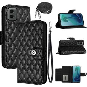 Wallet Case for Motorola Moto G 5G 2024/Moto G Play 2024 4G with Wrist Strap Crossbody Shoulder Strap, Argyle Pattern PU Leather Flip Credit Stand Cell Phone Cover for G5G G5 Girls Women Black