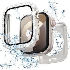 2 in 1 Bling Waterproof Case for iWatch Series SE 6 5 4 44mm, 360 Protective PC Cover Front & Back Case with Tempered Glass Screen Protector, Double Rows Diamond Watch Case for Women, 44mm/Black