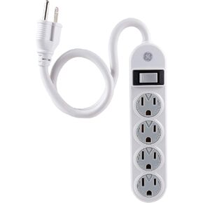 GE 14837 Power Strip Extension, Grounded, Twist-to-Lock Safety Covers, Integrated Circuit Breaker, UL Listed, 4 Outlet | 1.5 Ft Cord, White