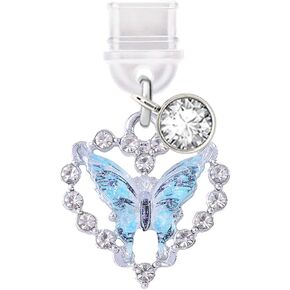 ELISE & FONDA TP379 Type-C USB Charging Port Anti Dust Plug Crystal Love Heart with Butterfly Cell Phone Charm for iPhone 15/16 /Samsung/OnePlus/Xiaomi/oppo Android Phones (Blue)