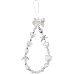 Phone Charm Strap, Heart Bow Beaded Phone Charm Cute Y2K Phone Bracelet Strap Phone Keychain Charm Pearl Phone Lanyard Chain Beaded Phone Wrist Strap for Key Ring Backpack Wallet Camera