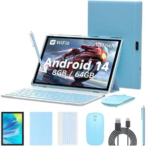 Android 14 Tableta, 2 in 1 Tablet 10 Inch,Computer Tablet, with Keyboard Case, 8GB+64GB ROM/1TB Computer Tablets, Quad Core, Dual Carema, Games, Wi-Fi, BT, GMS(Pink)