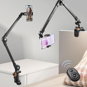 Phone Holder for Desk Bed, Overhead Phone Mount with Wireless Remote, Flexible Phone Stand Lazy Bracket Mount Long Arms Clamp Clip for iPhone, Samsung, Google Pixel, Moto