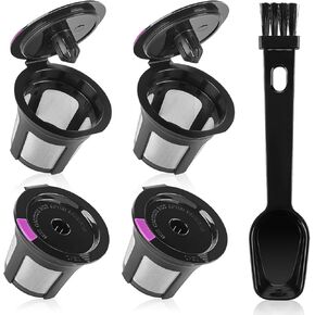 Reusable K Cups, 4 Pack Universal Fit Reusable Coffee Pods with Coffee Spoon, Refillable K Cups Coffee Filters with Food Grade Stainless Steel Mesh Fit for 1.0 and 2.0 Brewers Black