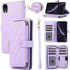Argyle Wallet Case for iPhone XR 6.1 with Wrist Strap Shoulder Strap Card Slot Zipper Purse PU Leather Stand Phone Cover for iPhoneXR iPhone10R i Phonex 10XR 10R RX CR iPhoneXRcases White