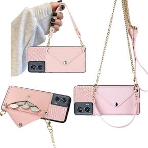 Crossbody Chain Case for Motorola Moto G Stylus 5G 2024, Moto G Stylus 5G 2024 Phone Case with Gold Shoulder Strap Detachable Lanyard, Back Wallet PU Leather Card Slots Holder Purse -Pink