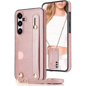 CCSmall for Samsung Galaxy S24 Case with Stand for Women, Crossbody Lanyard & Wristlet Strap Case Phone Cover for Samsung Galaxy S24 KB Rose