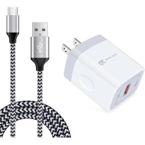 Quick Charge 3.0 Fast Charger Compatible LG Stylo 4/5/6, LG G5 G6 G7 G8 V20 V30 V40 V50 ThinQ, Samsung Galaxy S24 S23 S22 S21, 18W Rapid Wall Charger with 6Ft USB Type C Charging Cord Cable