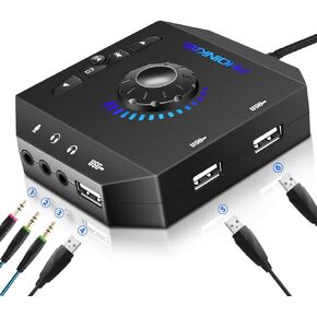T10 External Sound Card, PHOINIKAS USB Audio Adapter for PC Windows, Mac, Linux, Laptops, Desktops, Stereo Sound Card with 3.5mm Interface & USB Interface, Volume Control, Plug & Play (6-in-1, Black)