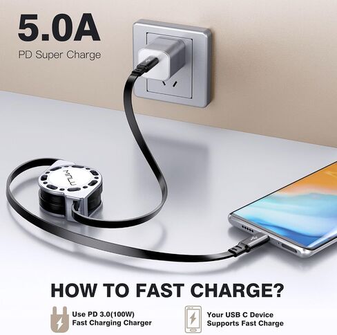 Retractable USB C to USB C Cable(4ft, 2Pack),100W USB C to C Fast Charging Cord, Type C Charger Cable for iPhone 16/15 Series Samsung Galaxy S24 S21 S10 Note 10 MacBook iPad Kindle More in Kuwait