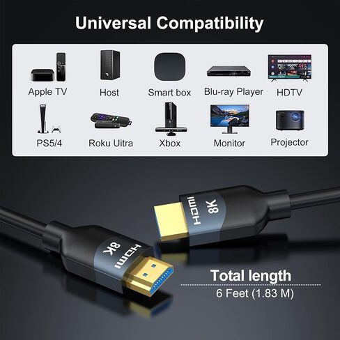 8K HDMI 2.1 Cables 6FT 5-Pack, High Speed HDMI Gaming Monitor Cable for PS5 TV-8K ARC&eARC HDMI Cord-165/180/240Hz, HDCP2.3, 3D/HDR10 for Soundbar, PS5, PS4, TV, Xbox, Roku, Cinema, Computer, Monitor in Kuwait