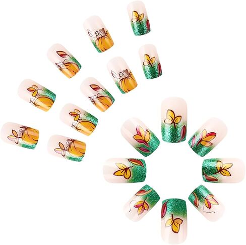 24Pcs Light Brown Press on Nails Medium Fake Nails Almond RIICFDD False Nails with Flower Pattern Designs Artificial Glossy Acrylic Nails Full Cover Fall Stick on Nails for Women and Girls Nail Art in Saudi Arabia