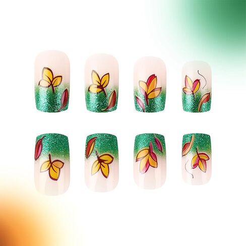 24Pcs Light Brown Press on Nails Medium Fake Nails Almond RIICFDD False Nails with Flower Pattern Designs Artificial Glossy Acrylic Nails Full Cover Fall Stick on Nails for Women and Girls Nail Art in Saudi Arabia