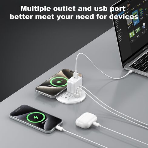 3 Inch Desk Power Grommet with 15W Wireless Charger, 20W USB-C Fast Charging Countertop Grommet Recessed Mount Power Outlet, with AC Outlets and 6ft Extension Cord in Saudi Arabia
