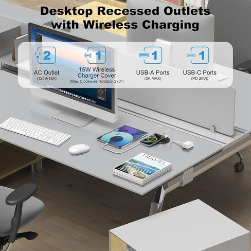 3 Inch Desk Power Grommet with 15W Wireless Charger, 20W USB-C Fast Charging Countertop Grommet Recessed Mount Power Outlet, with AC Outlets and 6ft Extension Cord in Saudi Arabia