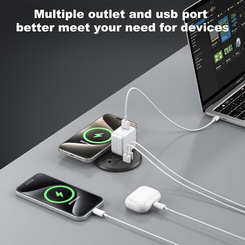 3 Inch Desk Power Grommet with 15W Wireless Charger, 20W USB-C Fast Charging Countertop Grommet Recessed Mount Power Outlet, with AC Outlets and 6ft Extension Cord in Saudi Arabia