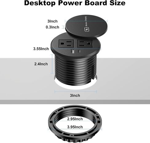 3 Inch Desk Power Grommet with 15W Wireless Charger, 20W USB-C Fast Charging Countertop Grommet Recessed Mount Power Outlet, with AC Outlets and 6ft Extension Cord in Saudi Arabia