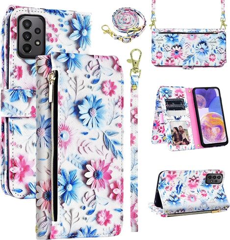 Wallet Case for Samsung Galaxy A23 5G/4G with Detachable Wrist Strap Shoulder Strap, 9+ Card Slots Zipper Floral PU Leather Stand Card Holder Cell Phone Cover for A 23 23A 6.6 Women Men Black in Saudi Arabia