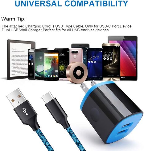 USB Type C Charger for Moto G Pure/G Play 2024/G Power 2024/G Stylus 5G 2023/G 5G 2022/G Fast/Z3 Play/G7/G8/Z4/Z2 Force,AndHot 2 Port USB Adapter Wall Charger with 6FT USB C Fast Charging Cable Cord in Kuwait