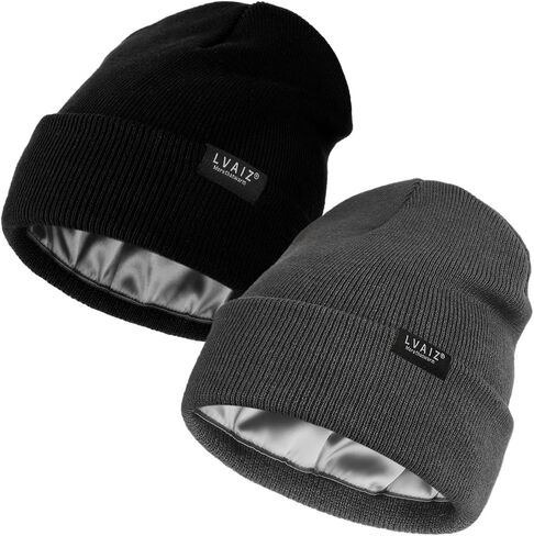 2 Pack Satin Lined Beanie Hats for Men Women Winter Warm Knitted Cuffed Silk Lined Slouchy Skull Cap in Saudi Arabia