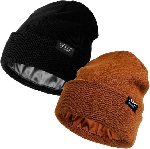2 Pack Satin Lined Beanie Hats for Men Women Winter Warm Knitted Cuffed Silk Lined Slouchy Skull Cap in Saudi Arabia