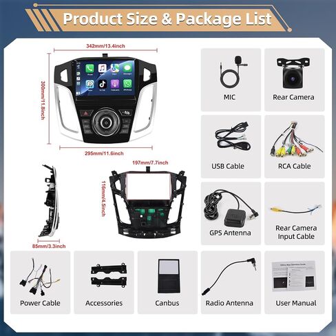 راديو ستيريو Podofo Carplay لسيارة Ford Focus 2012-2018 مقاس 9 بوصات مع نظام Android Auto GPS in Saudi Arabia