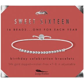 Lucky Feather Sweet 16 Gifts for Girls; 16th Birthday Bracelet Gift Idea for 16 Year Old Girls with 14K Gold Dipped Beads on Adjustable Cord
