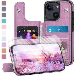 Designed for iPhone 15 Case Wallet, Card Holder Case with [2 Screen Protectors][Magnetic Clasp Folio Cover][RFID Blocking Leather] Shockproof Women Men Cases 6.1" for Apple 15 Light Brown