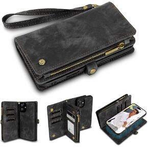All-in-1 Detachable Wallet Case Compatible with iPhone 16 Plus – PU Leather Magnetic Flip Case with Wrist Strap, Zipper, and MagSafe Compatibility, Holds Phone, 8 Cards, Bills, Coins, and Keys - Pink