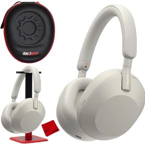 Sony WH1000XM5/S Wireless Noise Canceling Headphones (Silver) Bundle with Deco Gear Hard Case + Pro Audio Headphone Stand + Microfiber Cleaning Cloth